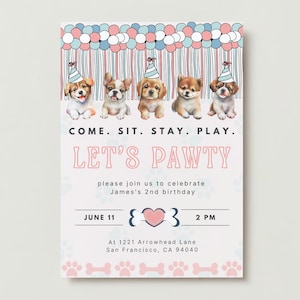 Let&#39;s Pawty, Puppy Party, Dog Theme Birthday Invitation Template