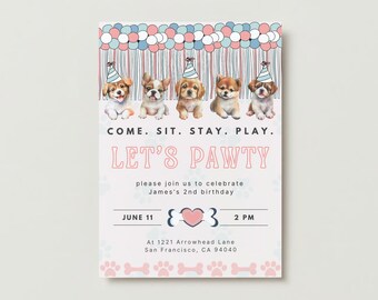 Let's Pawty, Puppy Party, Dog Theme Birthday Invitation Template