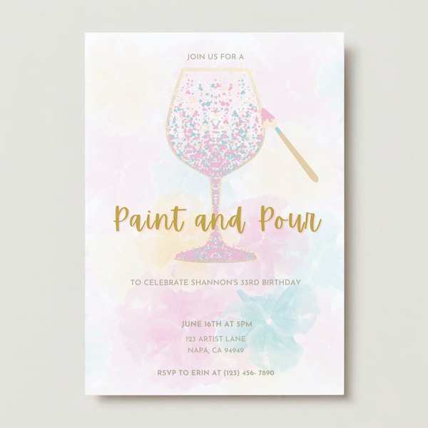 Editable Paint and Pour Party, Paint and Sip Invitation, Paint Night Birthday Party, Canva Template, Custom Art Party Instant Download