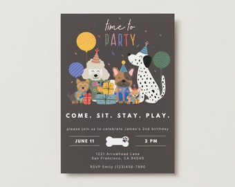 Come Sit Stay Play Puppy Party, Dog Theme Birthday Invitation Template, Let's Pawty