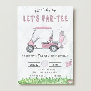 Let&#39;s Par-Tee Golf Birthday Party Invitation Template Pink