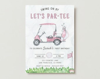Modèle d'invitation à une fête d'anniversaire de golf Let's Par-Tee rose