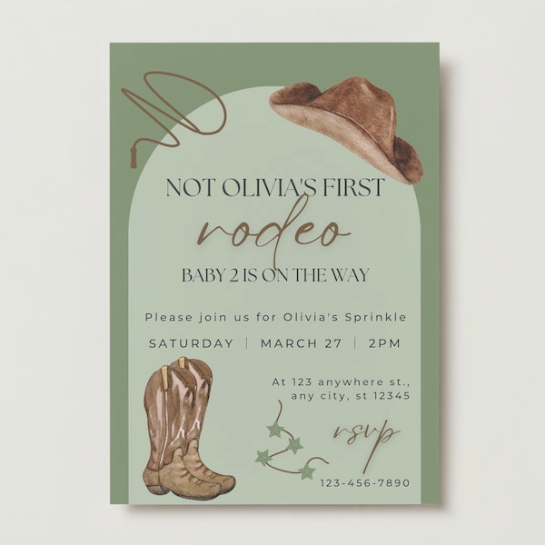 Green Not Her First Rodeo Baby Sprinkle Invitation Template