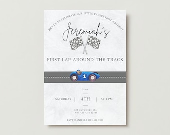First Lap Around The Track Blue Invitation Template