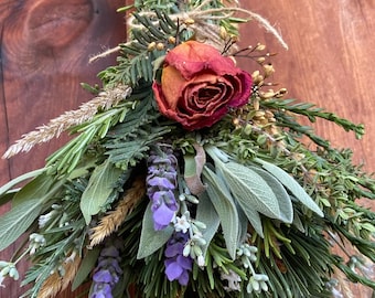 Witch&#39;s Enchanted Besom Stick Hanging Fresh and Dried Herbs and Florals grown on our Lodi, Ca. Mediterranean Botanical Farm.