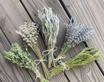 Herbal Bundles of dried French and English Lavender, Oregano, Sage and Rosemary grown on our Lodi, Ca. Mediterranean Botanical Farm.