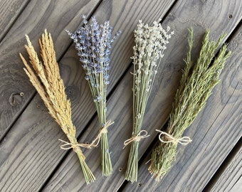 Herbal Bundles of Dried White and Purple Lavender, Rosemary and Reed Grass grown on our Lodi, CA Lavender and Mediterranean Botanical farm