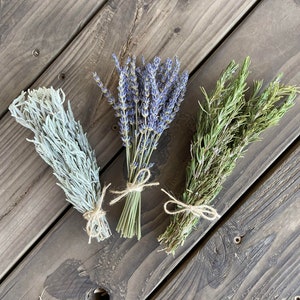 May include: Three bundles of dried herbs tied with twine. The bundle on the left is a pale green color, the center bundle is purple, and the bundle on the right is green. The bundles are arranged on a dark wooden surface.
