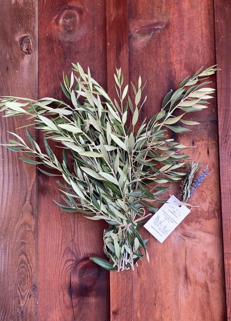 May include: A bundle of olive branches with green leaves, tied with twine, and a small bundle of lavender. A white tag with text is attached. The items rest on a reddish-brown wooden surface.