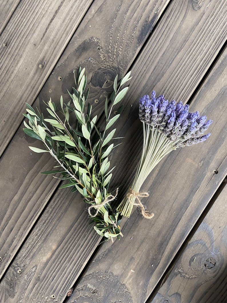 May include: Two bundles of dried botanicals on a wooden surface. One bundle features green olive branches tied with twine. The other bundle showcases purple lavender, also tied with twine. The wood has a dark, weathered appearance.