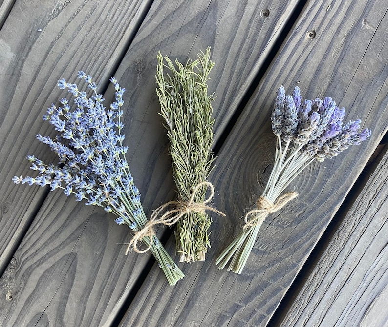 May include: Three bundles of dried herbs tied with twine. The bundles include lavender with purple flowers, rosemary with green needles, and lavender with purple flowers. The herbs are arranged on a weathered wooden surface.