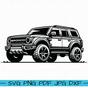 May include: Black and white illustration of a Ford Bronco SUV. The vehicle has a black grille with the word "Bronco" written in white letters. The SUV has large tyres and a black roof.