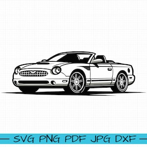 Puede incluir: Una ilustración en blanco y negro de un coche blanco convertible con el techo bajado. El coche tiene una parrilla negra y ruedas negras.