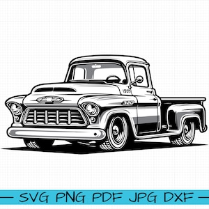 May include: Black and white illustration of a vintage 1955 Chevrolet 320 pickup truck. The truck has a classic design with a large grille and a long bed.