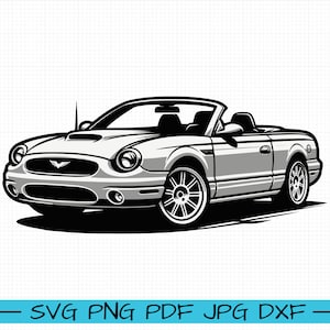 Puede incluir: Una ilustración en blanco y negro de un coche descapotable plateado con el techo bajado. El coche tiene un diseño deportivo con un perfil bajo y ruedas grandes.