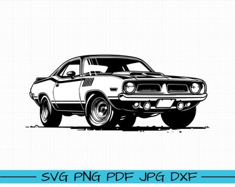 May include: Black and white illustration of a classic muscle car. The car has a long hood, a black grille, and a black bumper. The car is sitting on a white background.