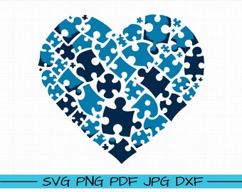 Autism Awareness Heart Puzzle, We Wear Blue SVG, PNG, PDF