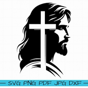 Puede incluir: Una silueta en blanco y negro de la cabeza de una persona con una cruz detrás. La persona tiene el pelo largo y barba. La cruz es simple y tiene una forma rectangular.