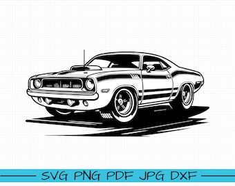 May include: Black and white illustration of a classic muscle car. The car has a long hood, a wide grille, and a sporty design. The car is shown in profile, with the front wheels turned slightly to the left.