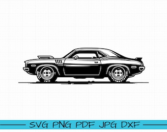 Può includere: Silhouette in bianco e nero di un'auto muscolare classica con un lungo cofano e ruote grandi.