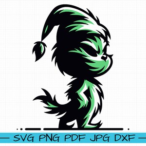 May include: A green and black Grinch character with a pointed hat. The Grinch is standing with its arms at its sides and is looking to the right.