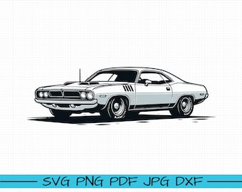 May include: A white vintage muscle car with black accents. The car has a black interior and black wheels. The car is a classic American muscle car.