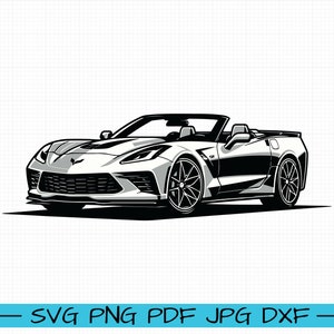 May include: A black and white illustration of a silver convertible sports car with the top down. The car has a black stripe down the side and black wheels.