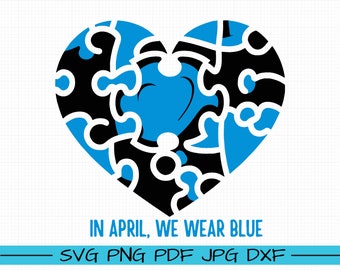 Autism Awareness Heart Puzzle SVG, In April We Wear Blue (Digital Files)