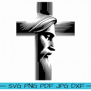 May include: Black and white illustration of a person's face on a cross. The face is in profile and the person is looking to the right.