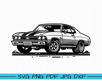 May include: Black and white illustration of a classic American muscle car. The car has a black stripe running down the hood and a black interior. The car is sitting on a white background.