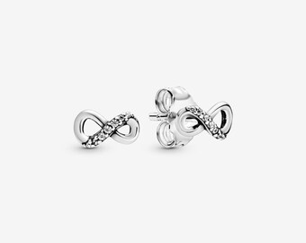 S925 Silver  Sparkling Infinity Stud Earrings with Pandora velvet feel pouch Black