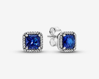 Pandora  S 925 Sparkling Earrings  Square HALO Silver l box Stud BLUE
