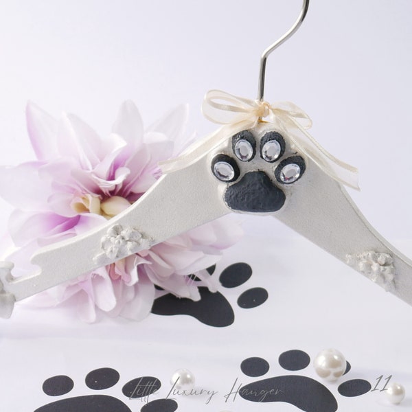 Dog Clothes Hanger, Personalised Pet Clothes Hanger in Pearlescent Pearl and Black Paw with Rhinestones, Pet Hanger Gift.