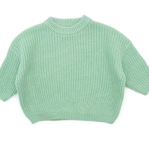 May include: A light green knitted sweater with a crew neck and long sleeves.