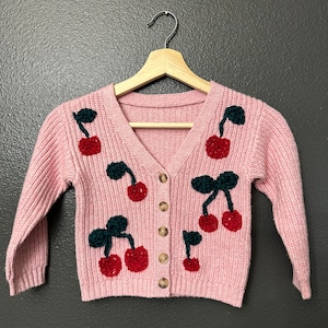 Personalized Hand Embroidered Baby and Toddler Sweaters Custom Cherry Pink Cardigan