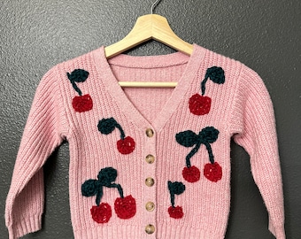 Personalized Hand Embroidered Baby and Toddler Sweaters Custom Cherry Pink Cardigan