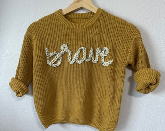 Personalized Hand Embroidered Baby and Toddler Sweaters Custom BRAVE sweater