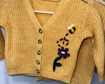 Personalized Hand Embroidered Baby and Toddler Sweaters Custom Flower/Bee Cardigan