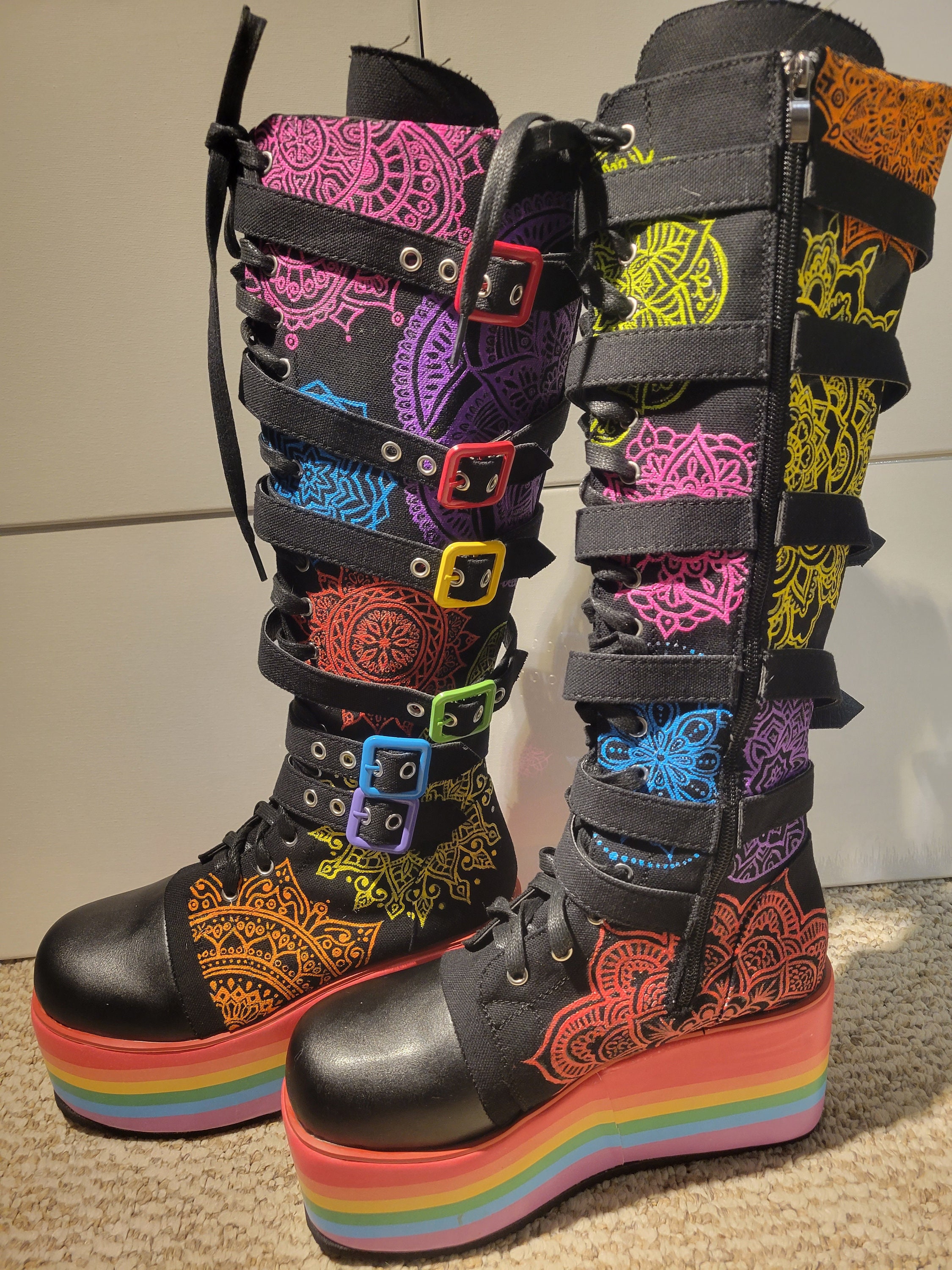 Club Exx Rainbow Rhinestone Pride Tag Combat Boots