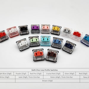 May include: A variety of Kailh Choc Low-Profile mechanical keyboard switches in different colors and actuation weights. The switches are arranged in a semi-circle on a white surface. The table below lists the switch types, colors, and actuation weights.