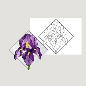 Puede incluir: Un patrón de vitral de un iris morado con un diagrama numerado para la elaboración. El patrón se titula "SGP Stained Glass Patterns" e incluye el texto "Hobby License Personal use only. This pattern is not to be resold, replicated or distributed."