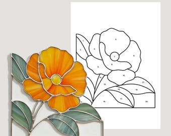 May include: An orange and yellow stained glass flower with green leaves, set against a white background. A black and white pattern of the flower is next to the glass art. The text "SGP STAINED GLASS PATTERNS" is at the top.