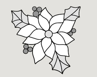 Könnte beinhalten: Schwarz-weiß-Linienzeichnung einer Weihnachtsstern-Blume mit Blättern. Die Blume hat eine Sternform mit fünf Blütenblättern. Die Blätter sind spitz und haben einen gezackten Rand. Die Illustration ist ein Muster für Buntglas.