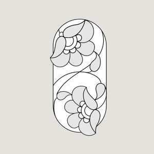 May include: Black and white line art stained glass pattern of two stylized flowers in an oval frame. The text "SGP STAINED GLASS PATTERNS" and "HOBBY LICENSE" is included.  Personal use only. This pattern is not to be resold, replicated or distributed.
