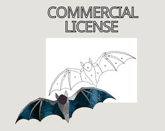 Puede incluir: Un patrón de vitral para un murciélago con piezas numeradas. El patrón está en blanco y negro, y el murciélago se muestra en un estilo de vitral azul y gris. El texto "COMMERCIAL LICENSE" está sobre el patrón.