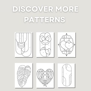 May include: Image features six black and white stained glass patterns. The top text reads "DISCOVER MORE PATTERNS". The patterns include floral, abstract, and geometric designs. The SGP logo is in the top left corner.