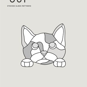 May include: A stained glass pattern featuring a cat's face in shades of gray and white, with black outlines. The image includes the text "SGP STAINED GLASS PATTERNS" and "HOBBY LICENSE".