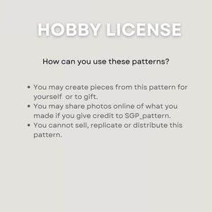 May include: A light beige graphic with the text "HOBBY LICENSE" and "How can you use these patterns?" in a sans-serif font. The SGP logo is at the top. The text explains the terms of use for the patterns.