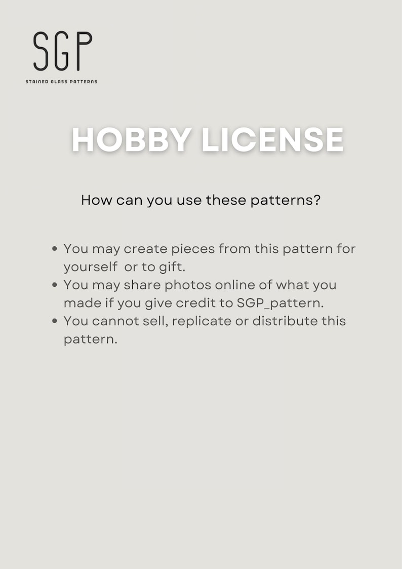 May include: A white background with the text "HOBBY LICENSE" in large, gray letters. Below, the text explains how to use the patterns, including creating pieces for personal use or gifting, sharing photos online with credit, and restrictions on selling or replicating the pattern.