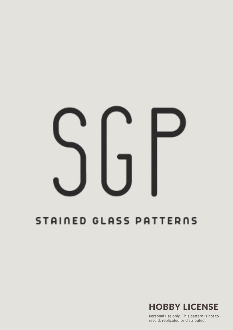 May include: A graphic design featuring the letters "SGP" in a bold, sans-serif font above the words "STAINED GLASS PATTERNS." The design is in black on a light beige background. The text "HOBBY LICENSE" is at the bottom.